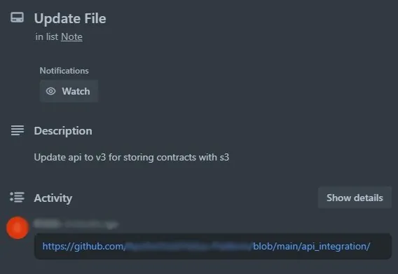Trello card linking to a GitHub file used to upload contracts to S3 (identifying details redacted)