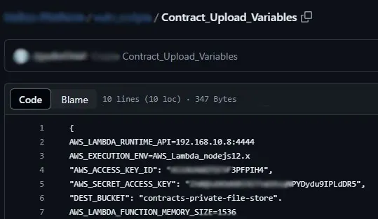 GitHub file exposing AWS Lambda environment variables, including an access key (partly redacted)